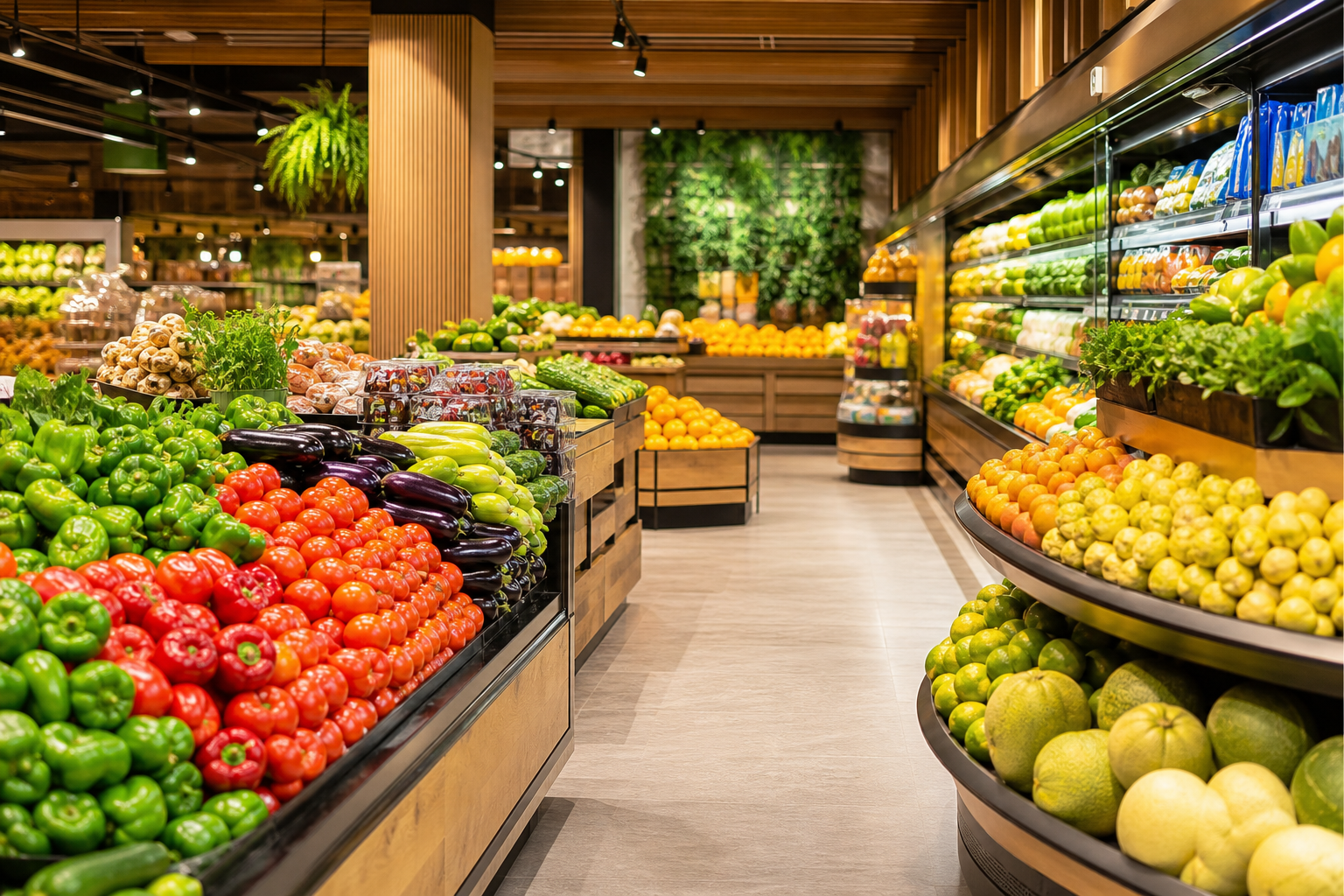 Interior do União Supermercados com produtos frescos